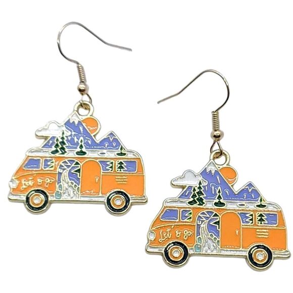 Let's Go Mini Van VW Bus Dangle Drop Mountain Adventure Landscape Enamel Jewelry - Picture 5 of 6